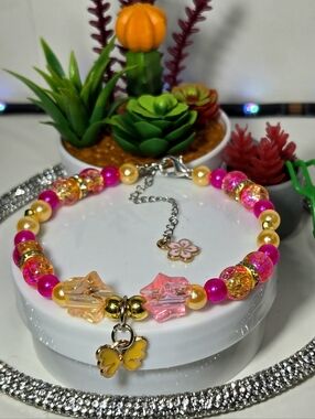 Pink & Yellow Crystal Crackle Bead Butterfly Charm Bracelet